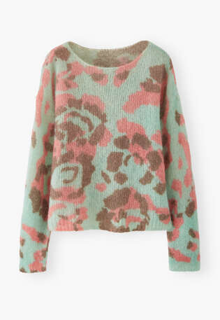 Bedruckter Pullover, Aqua/Koralle, webstill