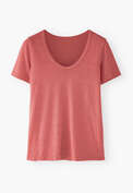 T-Shirt mit U-Ausschnitt, Korallenrot, webstill