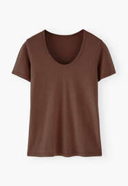 T-Shirt mit U-Ausschnitt, Zedernbraun, webstill