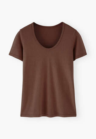 T-Shirt mit U-Ausschnitt, Zedernbraun, webstill