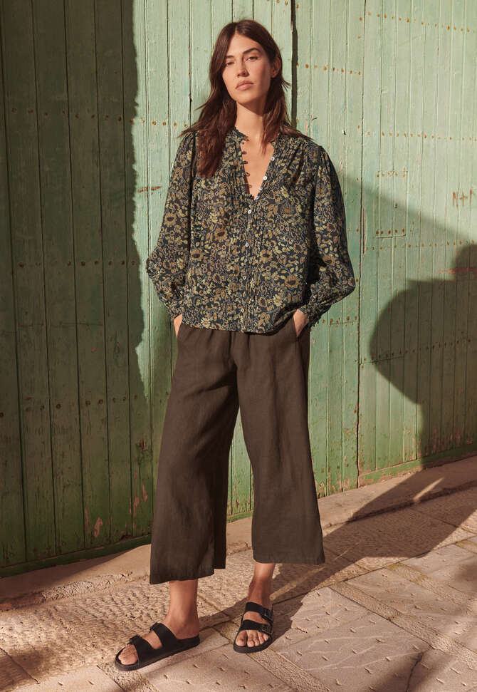 Bedruckte Bluse mit Faltendetail, Gold/Kohlschwarz, completeTheLook
