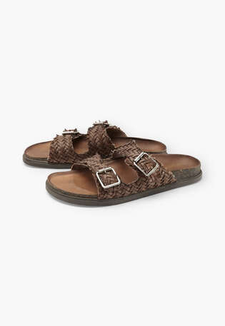 Gewebte Sandalen mit Schnalle, Taupe, webstill