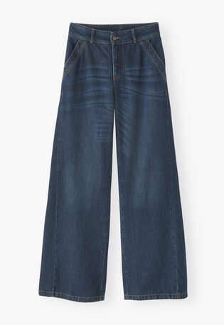 Jeans mit weitem Schlag, Dunkles Ozeanblau, webstill