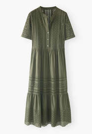 Langes Kleid mit Lochstickerei, Khaki, webstill