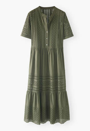 Langes Kleid mit Lochstickerei, Khaki, webstill