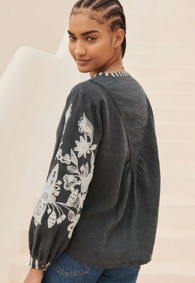 Bluse mit Cornely-Stickerei, Petrolschwarz, completeTheLook