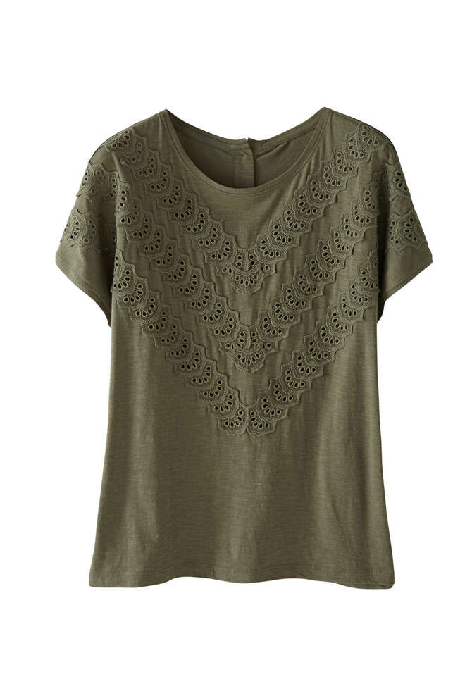 T-Shirt mit Chevron-Spitzendetail, Waldgr&uuml;n, completeTheLook