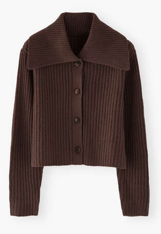 Ripp-Cardigan mit Kragen, Dunkle Schokolade, webstill