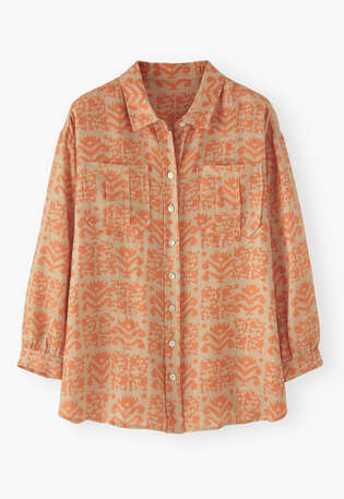 Bedruckte Oversize-Bluse, Orange-Lohbraun, webstill
