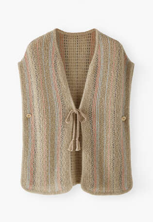 Poncho mit Strickstreifen, Helles Khaki, webstill
