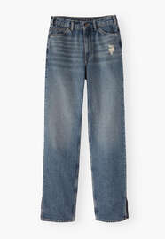 Jeans mit geschlitztem Saum, Marineblau, webstill