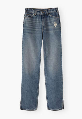 Jeans mit geschlitztem Saum, Marineblau, webstill