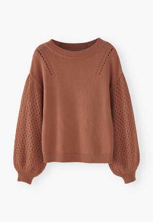 Pullover mit Pointelle-&Auml;rmeln, Gebranntes Sienna, webstill