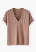 T-Shirt mit V-Ausschnitt, Rehbraun, webstill