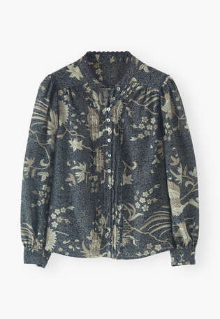 Bedruckte Bluse mit Falten, Mitternacht, webstill