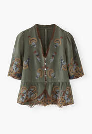 Kurze Cutwork-Bluse, Pinie, webstill