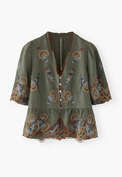 Kurze Cutwork-Bluse, Pinie, webstill