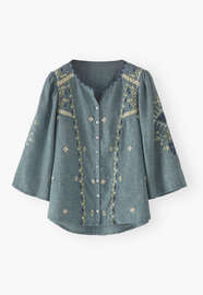 Bestickte Bluse, Indigo/Farngr&uuml;n, webstill