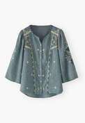 Bestickte Bluse, Indigo/Farngr&uuml;n, webstill