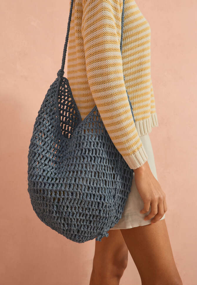 Geh&auml;kelte Bucket-Bag, Stein/Blau, completeTheLook