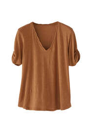 T-Shirt aus Leinen-Jersey mit &Auml;rmeldetail, Gebranntes Siena, webstill