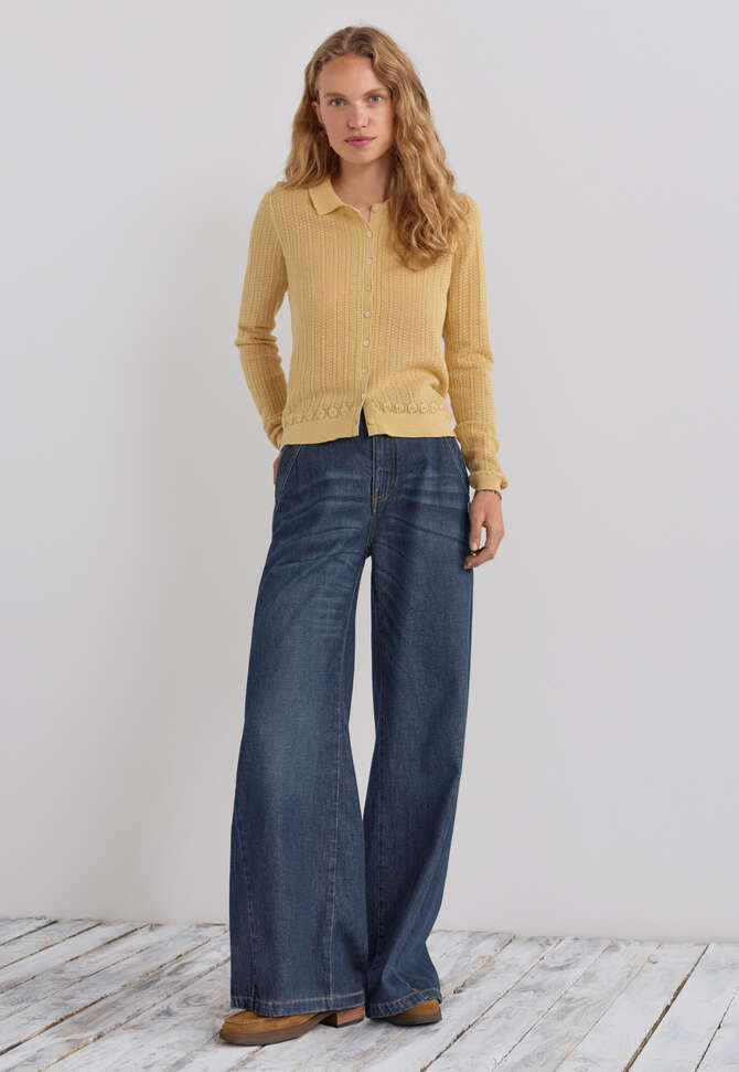 Spitzenmuster-Cardigan mit Kragen, Buttergelb, completeTheLook