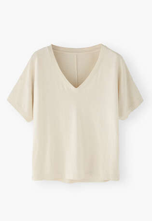 T-Shirt mit V-Ausschnitt, Off-White, webstill