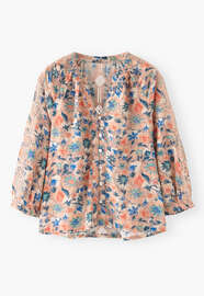 Bedruckte Bluse, Koralle/Aquamarin, webstill