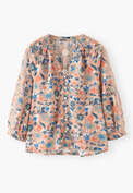 Bedruckte Bluse, Koralle/Aquamarin, webstill