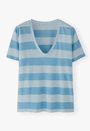 Streifen-T-Shirt mit V-Ausschnitt, Blau/Chambray, webstill