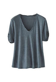 T-Shirt aus Leinen-Jersey mit &Auml;rmeldetail, Dunkles Petrol, webstill