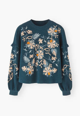 Besticktes Sweatshirt, Dunkles Petrol, webstill