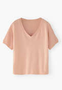 T-Shirt mit V-Ausschnitt, Helles Lachsrosa, webstill