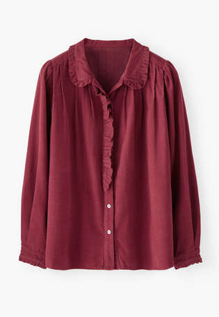 Faltenbluse aus Cord, Granat, webstill