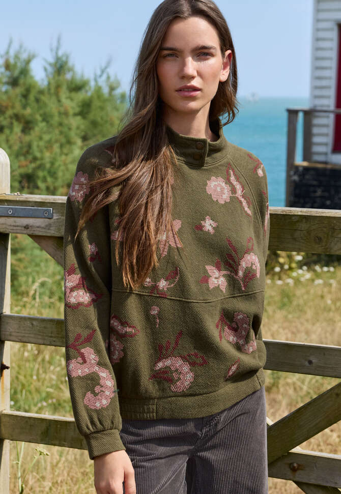 Besticktes Sweatshirt, Warmes Oliv, completeTheLook
