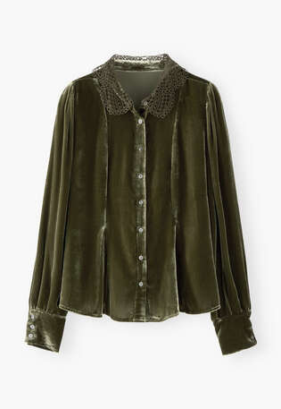 Godet-Bluse aus Samt, Moos, webstill