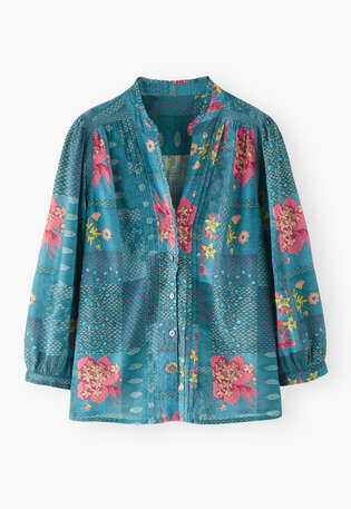 Bedruckte Bluse, Denim/Kirsche, webstill