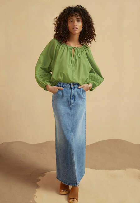 Maxirock aus Denim, Helle Waschung, completeTheLook