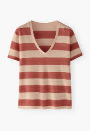 Streifen-T-Shirt mit V-Ausschnitt, Terrakotta/Rouge, webstill