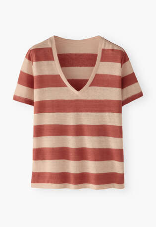 Streifen-T-Shirt mit V-Ausschnitt, Terrakotta/Rouge, webstill