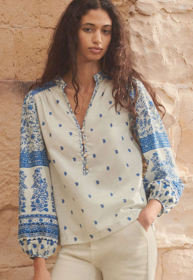 Bedruckte Bluse, Blau/Ecru, completeTheLook