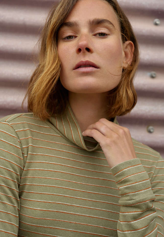 Gestreifter Rollkragenpullover, Salbei/Flamme, completeTheLook
