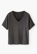 T-Shirt mit V-Ausschnitt, Kohlschwarz, webstill