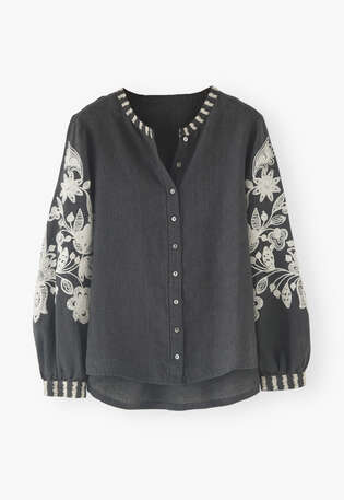 Bluse mit Cornely-Stickerei, Petrolschwarz, webstill