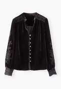 Samtbluse mit Cutwork, Schwarzer Kaffee, webstill