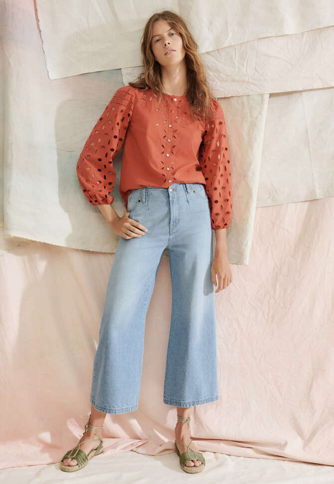 Bluse mit Lochstickerei und Cutwork, Zinnoberrot, completeTheLook