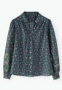 Bedruckte Bluse mit Faltendetails, Petrol/Lavendel, webstill