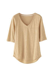 T-Shirt mit V-Ausschnitt, Haferbeige, webstill
