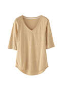 T-Shirt mit V-Ausschnitt, Haferbeige, webstill