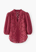 Broderie-Anglaise-Bluse, Tiefes Himbeerrot, webstill